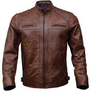 Men’s Wax Brown Genuine Leather Biker Jacket Black Brown Vintage Motorcycle